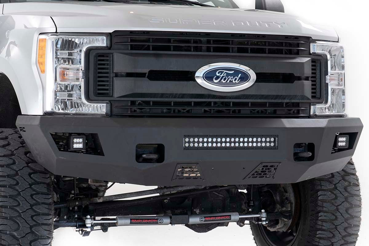Ford F-250 Super Duty Front Bumper - Rough Country - LED Bumper with Cube and Light Bar - Flat Black - '17-'22